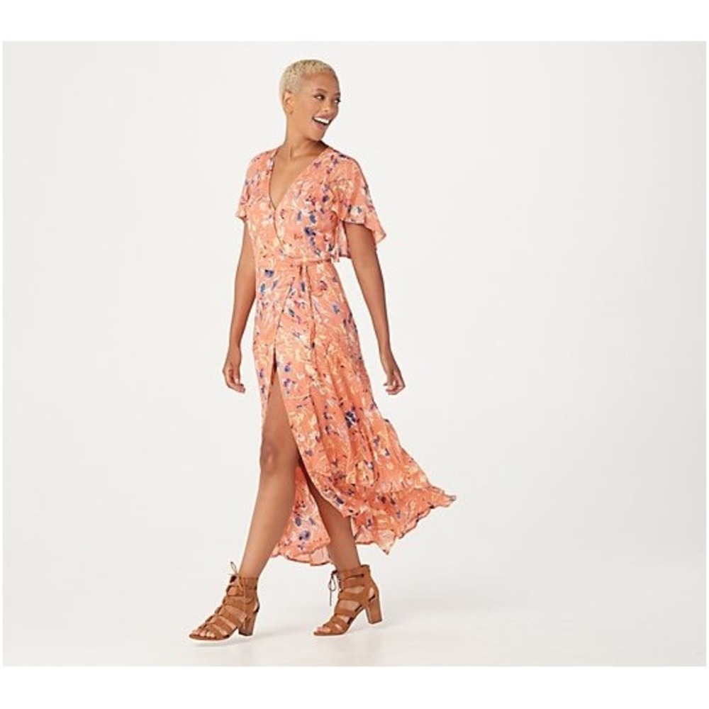 (A9) Haute Hippie Tribe Coral Floral Wrap Maxi Dress Flutter Sleeve Ruffle Hem S